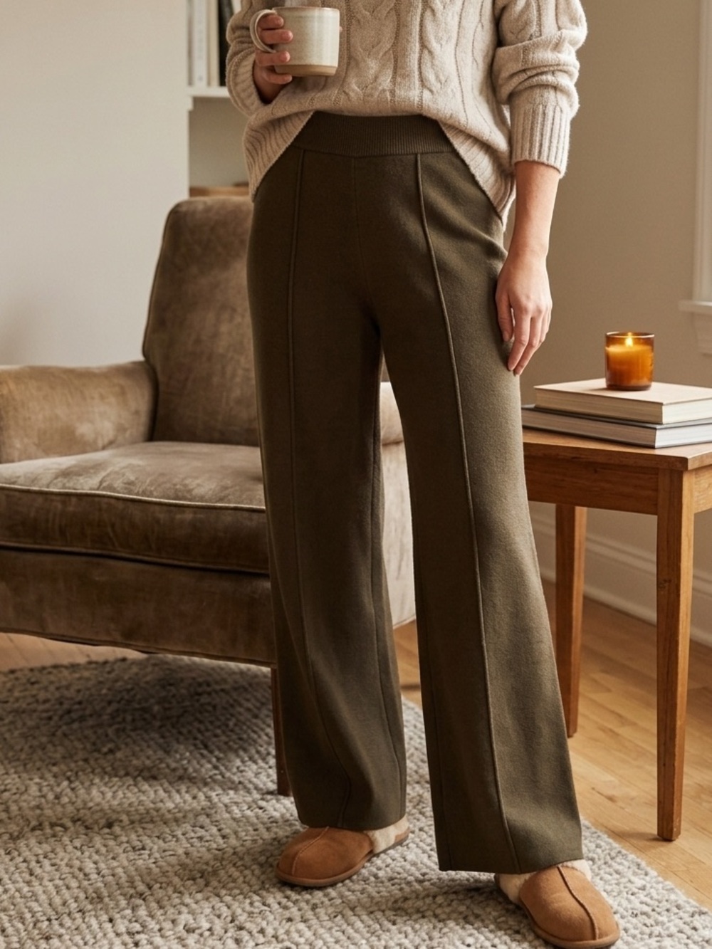 Cynthia Rowley Olive Green Wide-Leg Quiet Luxury Cozy Ponte Comfy Pull On Pants